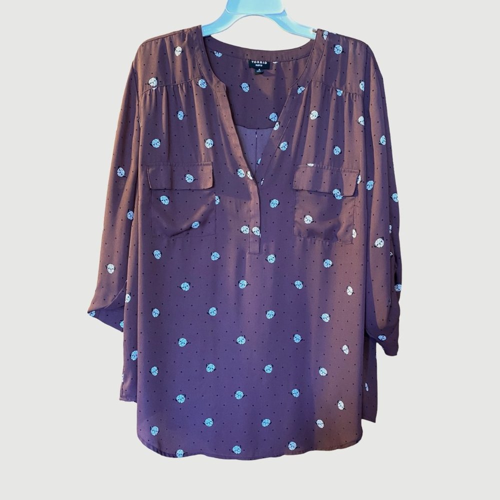 Torrid Purple Haper Blouse with Pug Dog Pattern 3/4 Sleeve V Neck Top